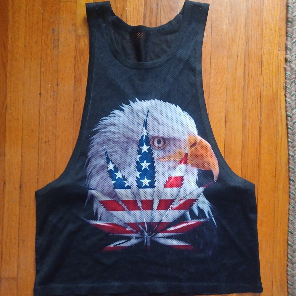 Patriotic Black Muscle Tank Top with Eagle and Weed Flag Design